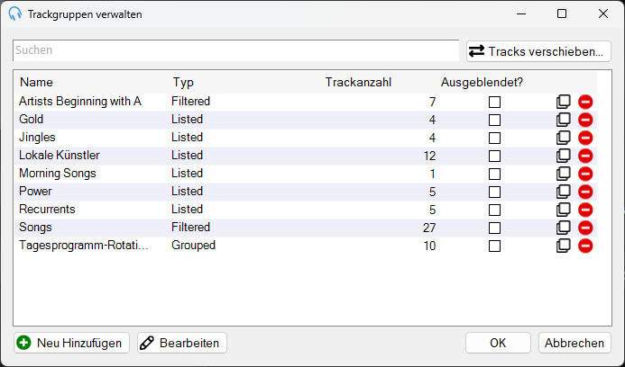 PlayIt Live Fenster „Trackgruppen verwalten“