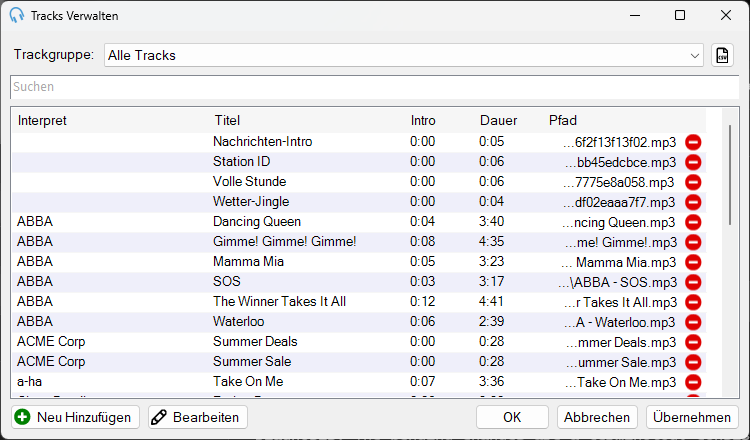 PlayIt Live Fenster Tracks Verwalten