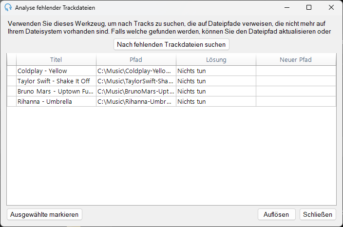 Fenster "Analyse fehlender Trackdateien"