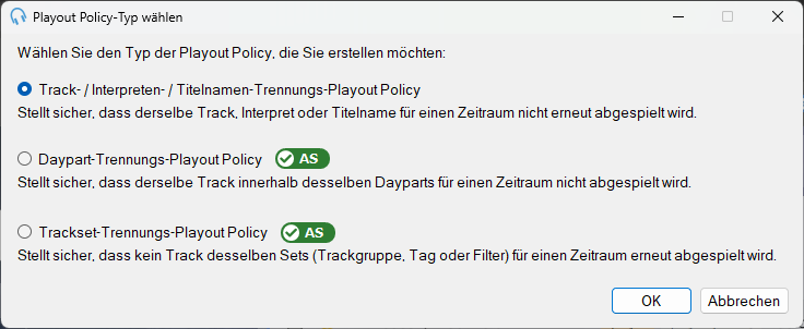 Fenster „Playout Policy-Typ wählen“