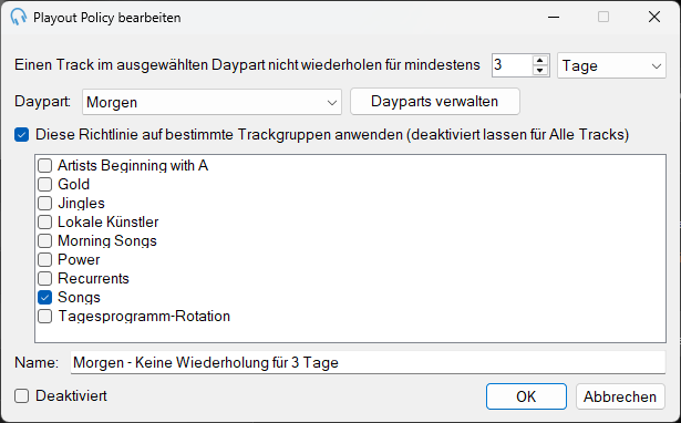 Fenster „Daypart-Trennungs-Playout Policy bearbeiten“