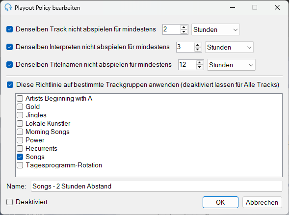 Fenster „Track- / Interpreten- / Titelnamen-Trennungs-Playout Policy bearbeiten“