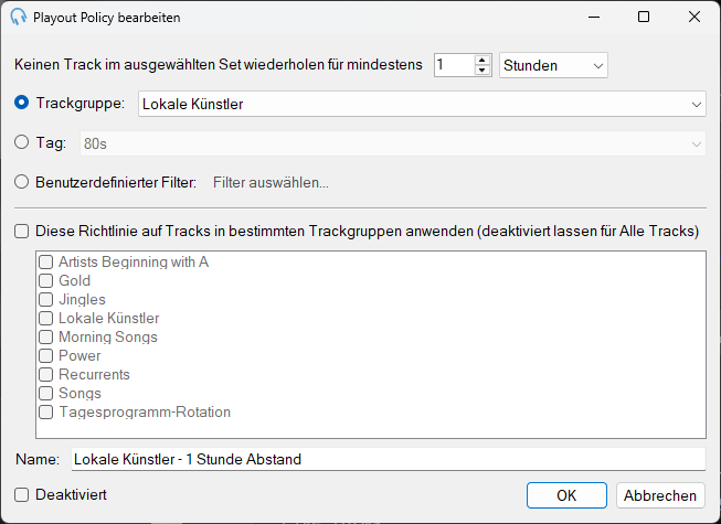 Fenster „Track-Set-Trennungs-Playout Policy bearbeiten“