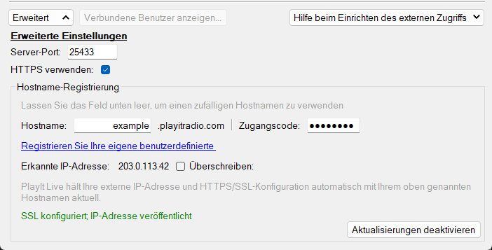 Abschnitt „Erweiterte Einstellungen“ der Remote-Access-Server-Konfiguration