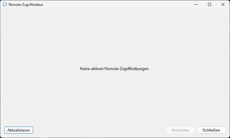 Das Fenster „Remote-Zugriffsstatus“ ohne aktive Sitzungen, mit einer Meldung anstelle der Liste