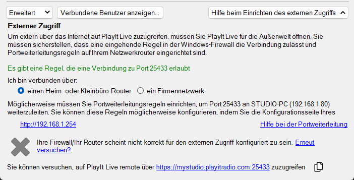 Abschnitt „Hilfe beim Einrichten des externen Zugriffs“ in der Konfiguration des Remote-Access-Servers