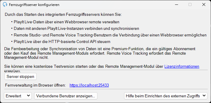 Konfigurationsfenster des integrierten Remote-Access-Servers