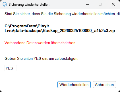 Fenster „Sicherung wiederherstellen“