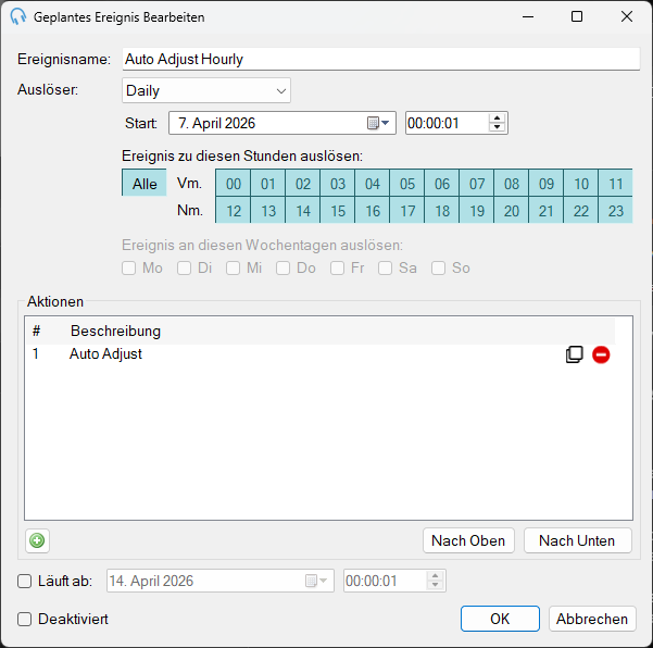 Geplantes Ereignis mit Auto Adjust-Aktion bearbeiten