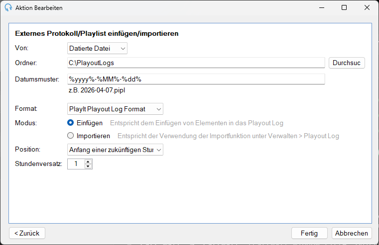 Aktion „Externen Log/Playlist einfügen“