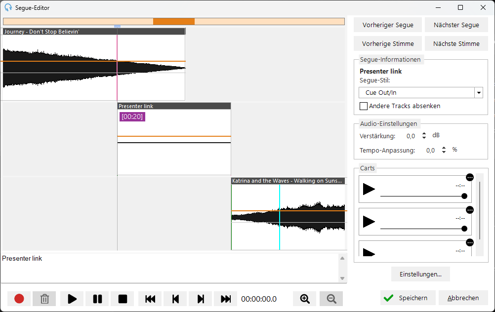 Segue-Editor mit Voice Track-Platzhalter bereit zur Aufnahme