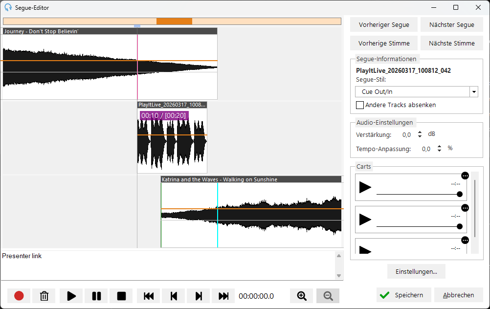 Segue-Editor mit einem aufgenommenen Voice Track, geschnitten