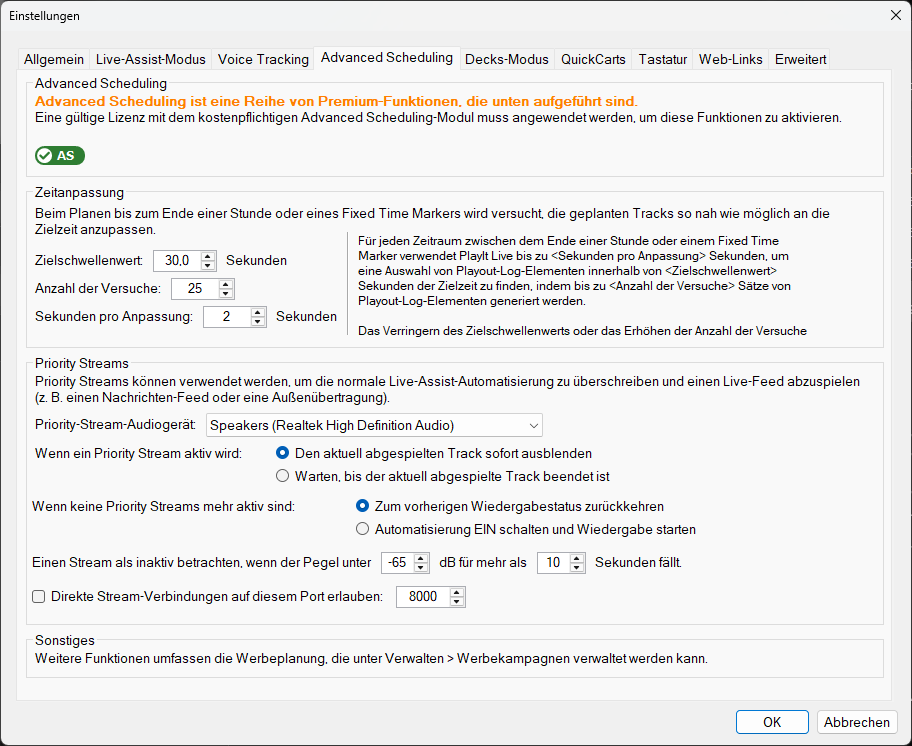 PlayIt Live Einstellungen - Advanced Scheduling Tab