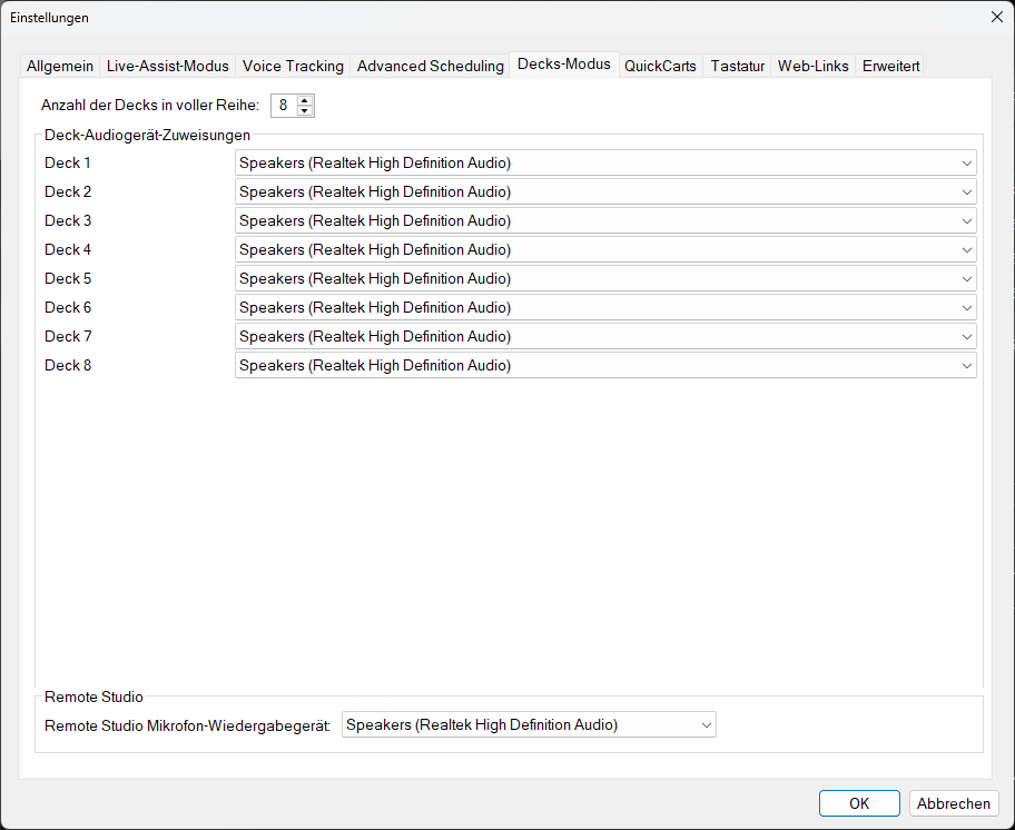PlayIt Live Einstellungen – Registerkarte Decks-Modus