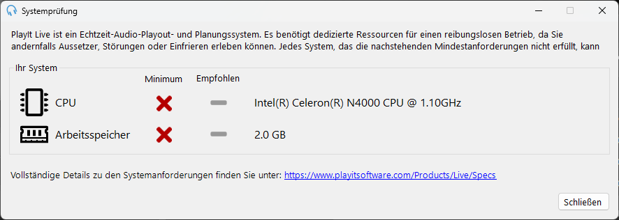 Systemprüfung-Fenster, das zeigt, dass Anforderungen nicht erfüllt sind