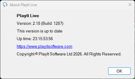 About PlayIt Live window