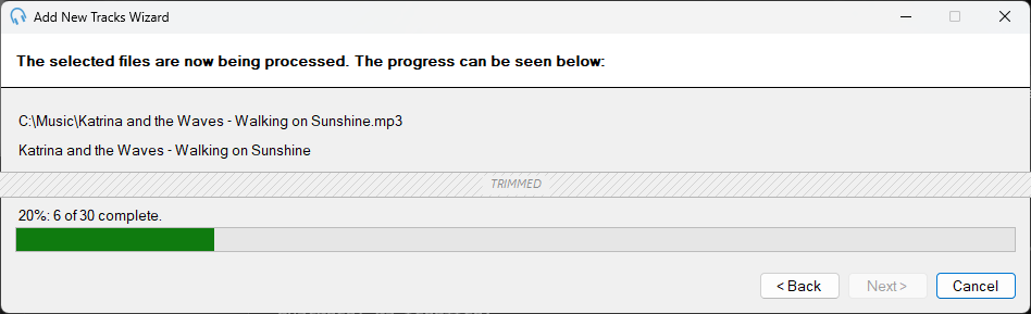 PlayIt Live Add New Tracks Wizard progress page