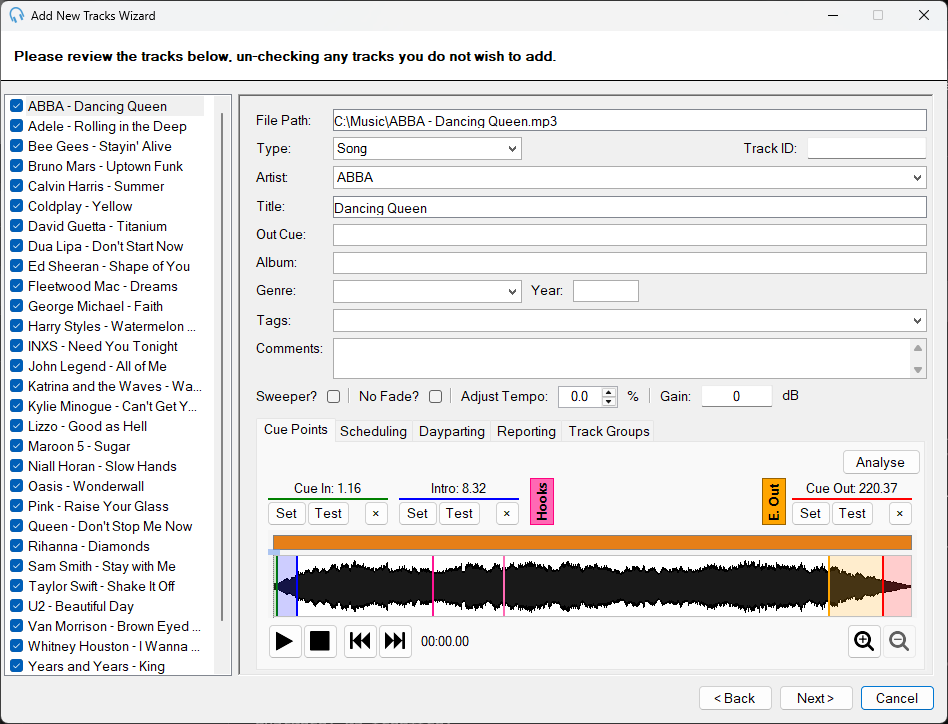 PlayIt Live Add New Tracks Wizard review page