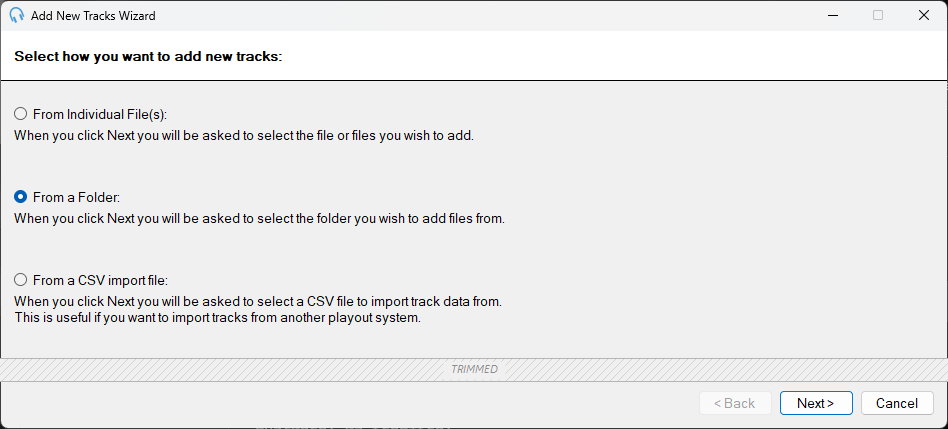 PlayIt Live Add New Tracks Wizard source selection page