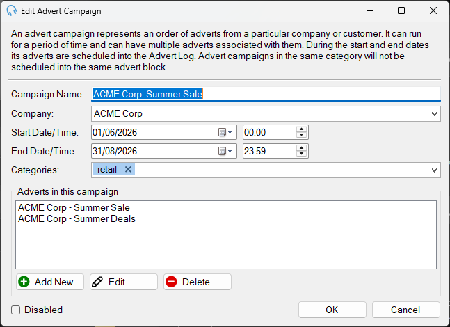 Edit Advert Campaign window