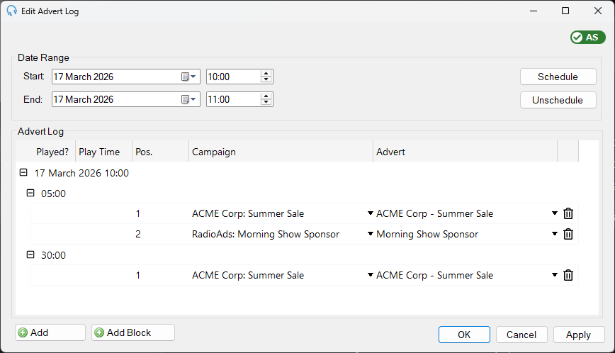 Advert Log window showing scheduled advert items grouped by hour and block
