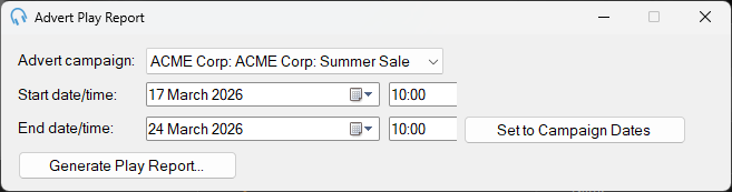 Advert Play Report window showing campaign and date range selectors