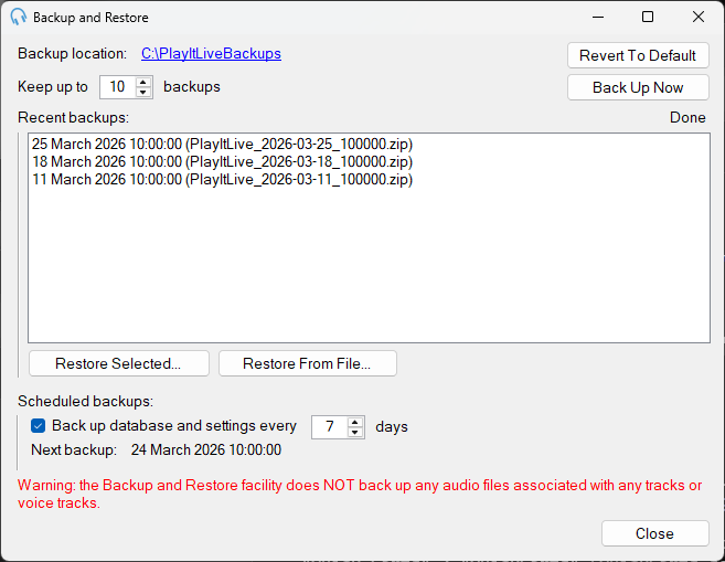 Backup and Restore window