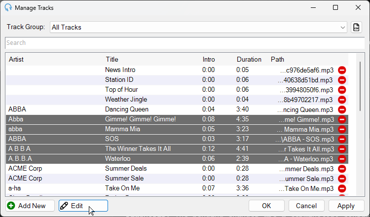 Manage Tracks window with multiple tracks selected