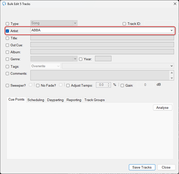 Bulk Edit dialog with Artist changed to ABBA