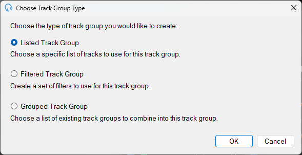 PlayIt Live Choose Track Group Type window