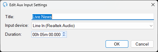 Edit Aux Input Settings window