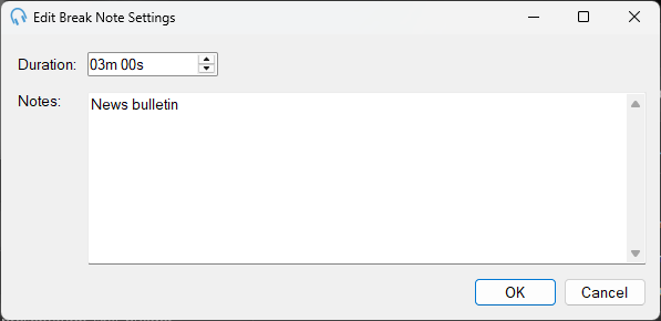 Edit Break Note Settings window