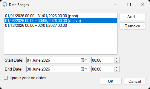 The Date Ranges window showing a list of active, upcoming, and past ranges