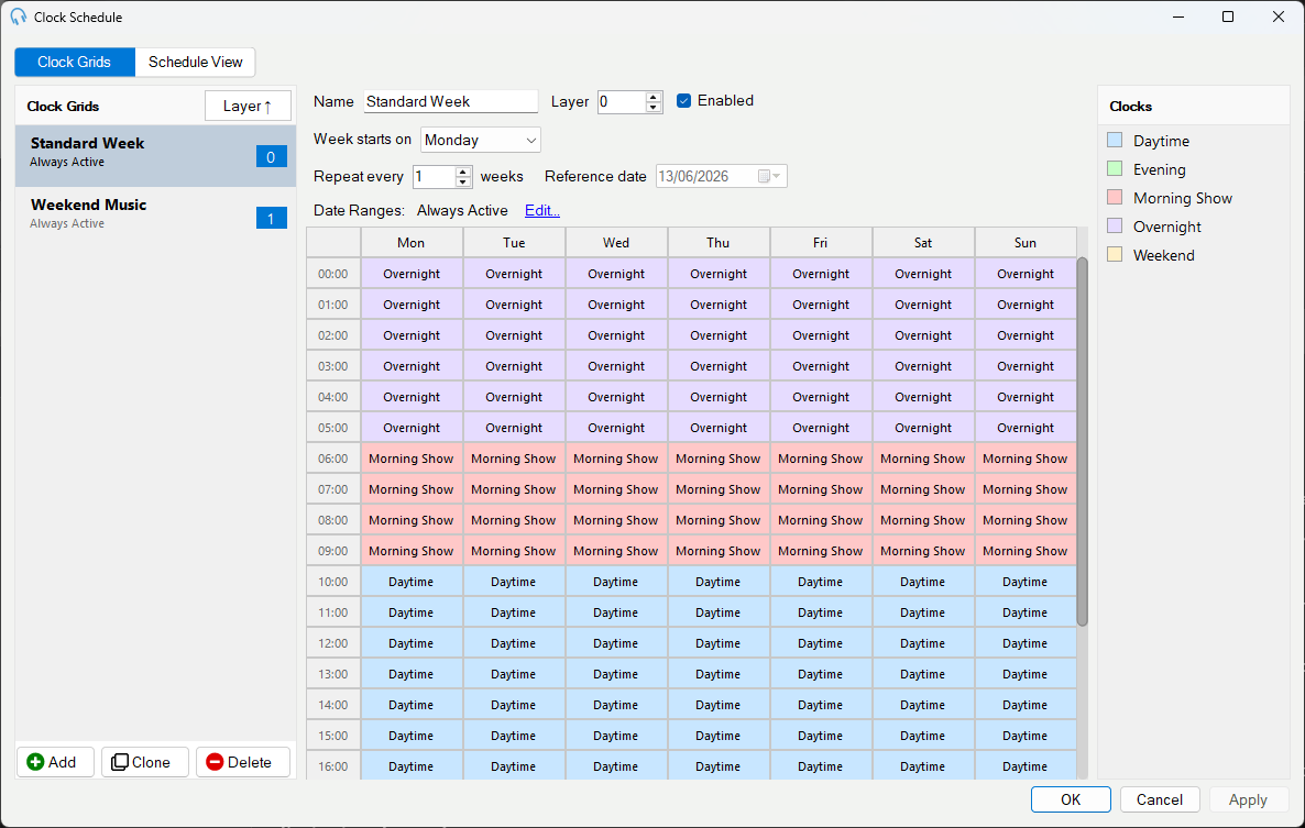 The Clock Grids view showing a multi-layer schedule