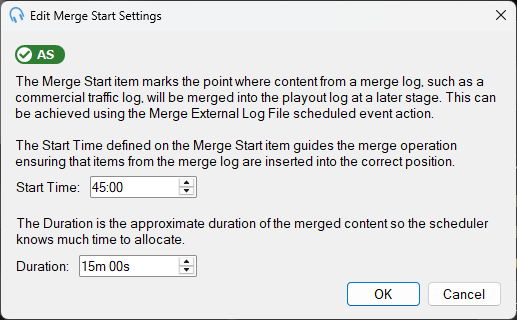 Edit Merge Start Settings window