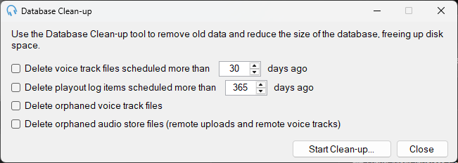 Database Cleanup window