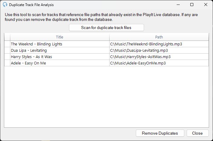 Duplicate Track File Analysis window