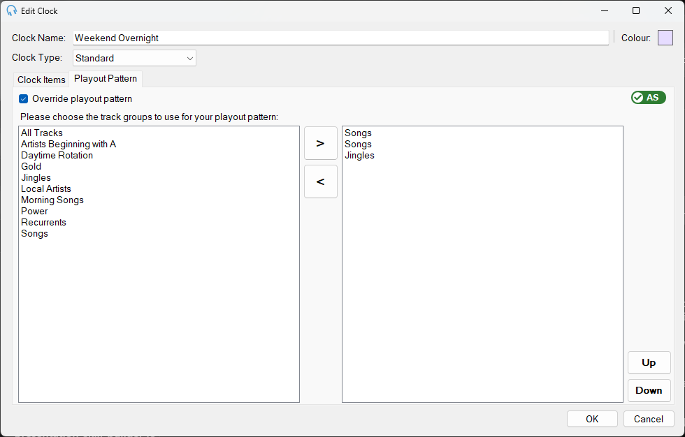 The Playout Pattern tab of the Edit Clock window with Override playout pattern ticked and a custom track group list