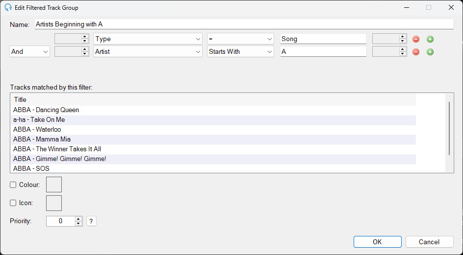 PlayIt Live Edit Filtered Track Group window