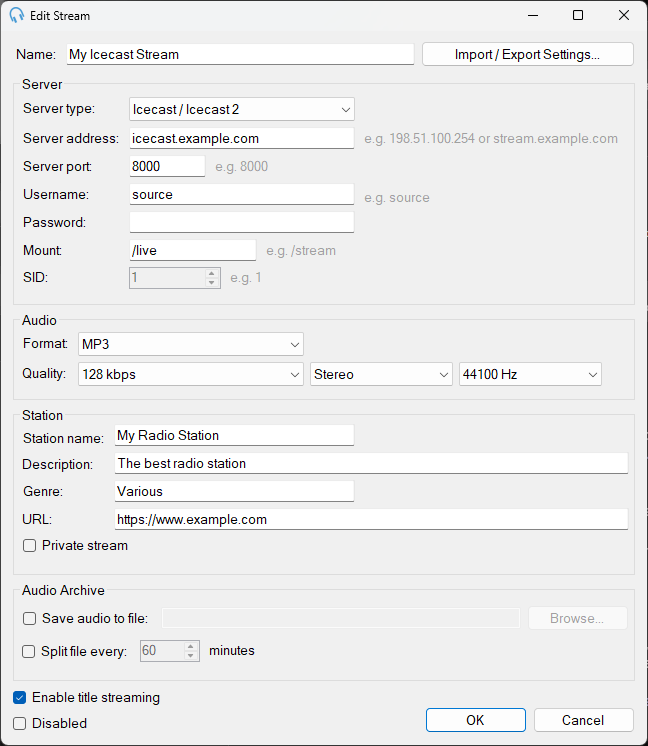 Edit Internet Broadcast Stream window