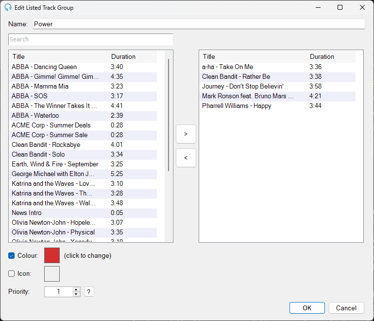 PlayIt Live Edit Listed Track Group window