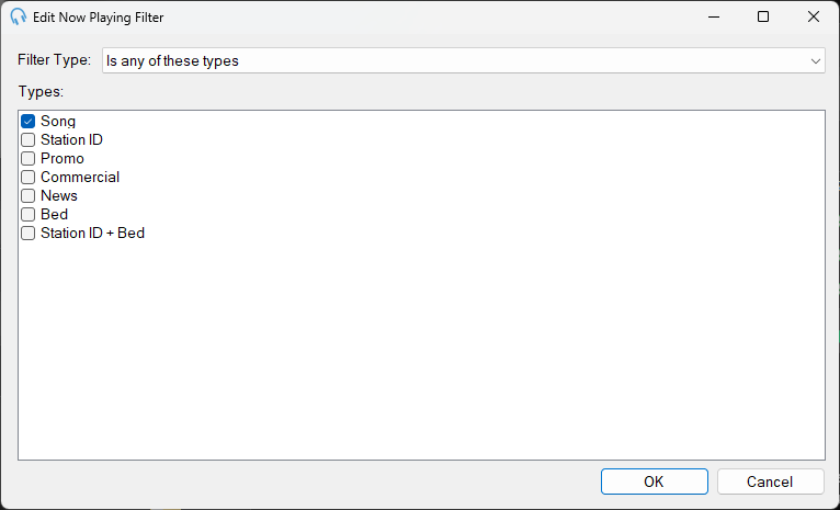 Edit Now Playing Filter window