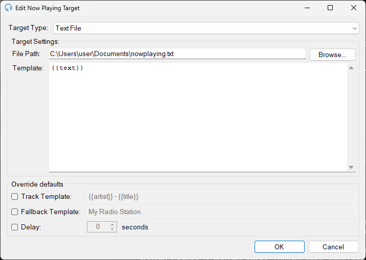 Edit Now Playing Target window
