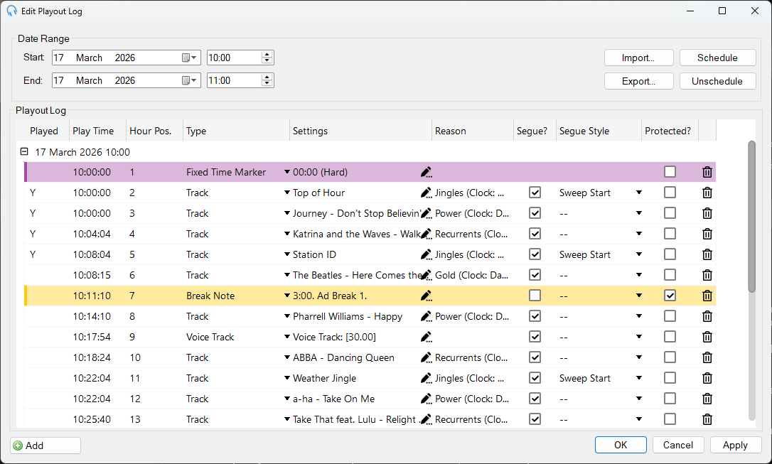 Edit Playout Log window with scheduled items