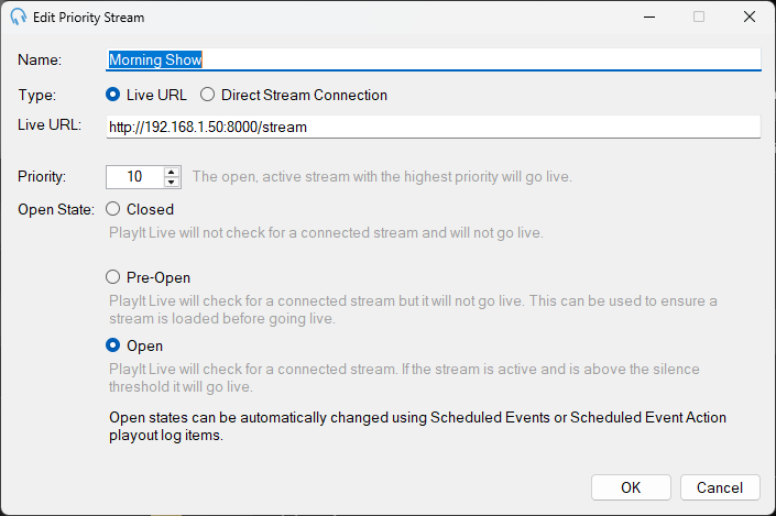 Edit Priority Stream window