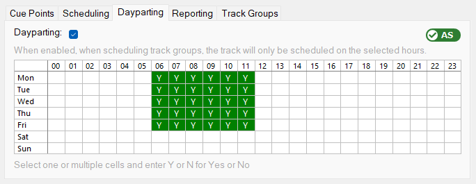 Edit Track window Dayparting tab