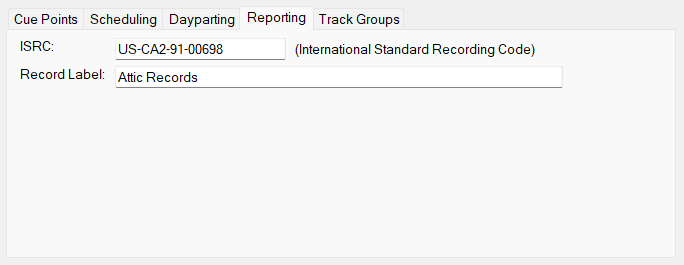 Edit Track window Reporting tab