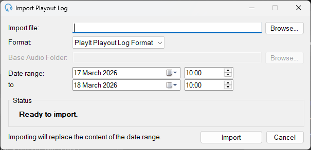 Import Playout Log window