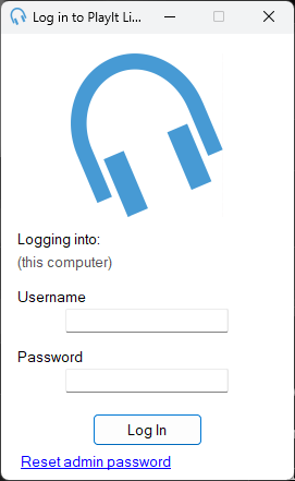 Log In window showing username and password fields with a Log In button