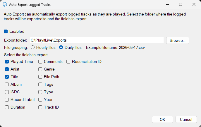 Auto Export Logged Tracks window